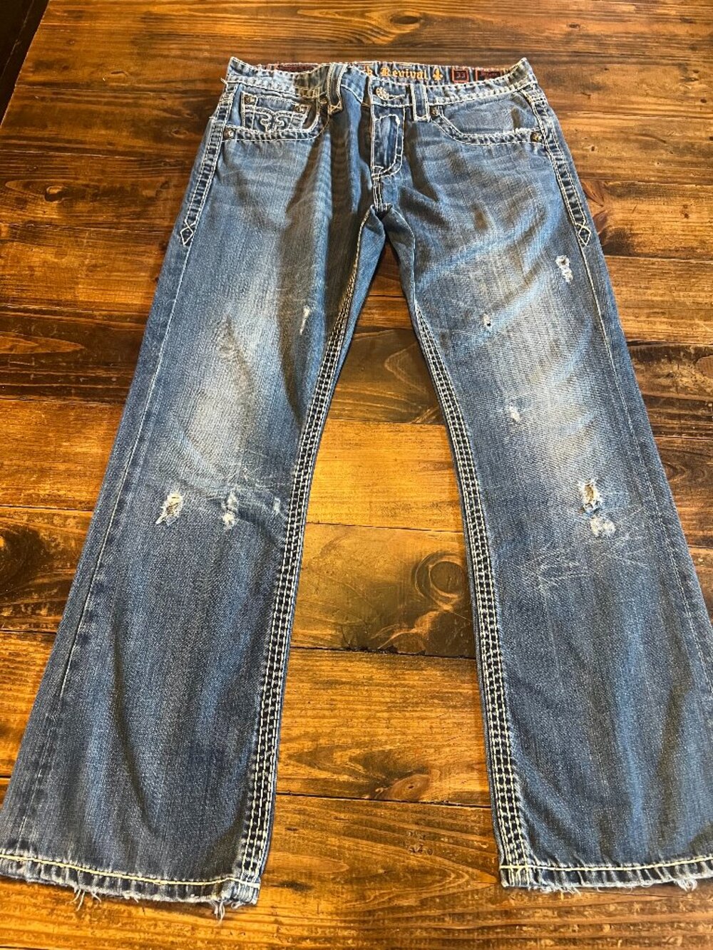 Rock Revival Wilson Boot  Jeans Mens 33x31 Blue Embroidered Flap Pocket Deni